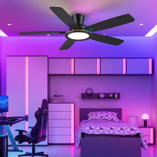 52 in. Indoor/Outdoor Modern Flush Mount Black 6-Speed Ceiling Fan with RGB LED Light and Remote/APP Control