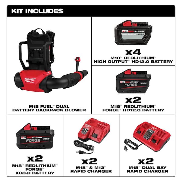 M18 FUEL 18V Brushless Cordless Dual Battery Backpack Blower Kit w/ (8) M18 Batteries, (4) Chargers