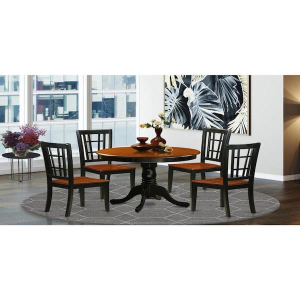 East West Furniture 5-Piece Round Black Finish Solid Wood Top Dining table with 4-Chairs with Lattice Back