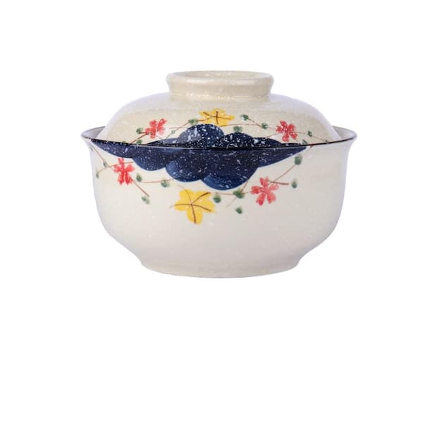 6.5 Inch 25 fl. oz. Retro Ceramic Ramen Bowl with Lid, Floral and Birds Pattern, Japanese Style, Set of 1
