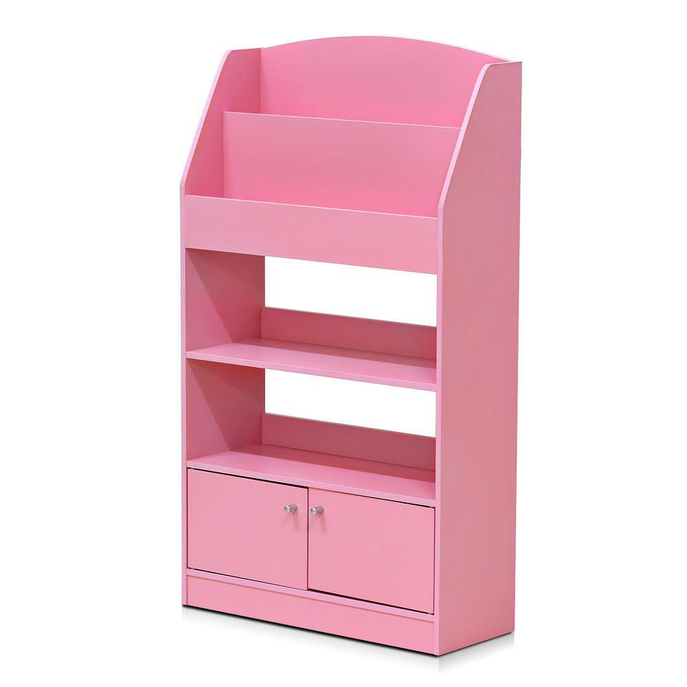 Contemporary Laminated Pink Wood Bookshelf for Kids with 4 Tiers and Cabinet