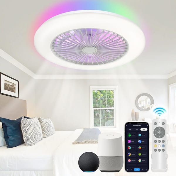 19 in. Smart Indoor White Low Profile Standard Ceiling Fan with RGB Light with Remote and APP Control