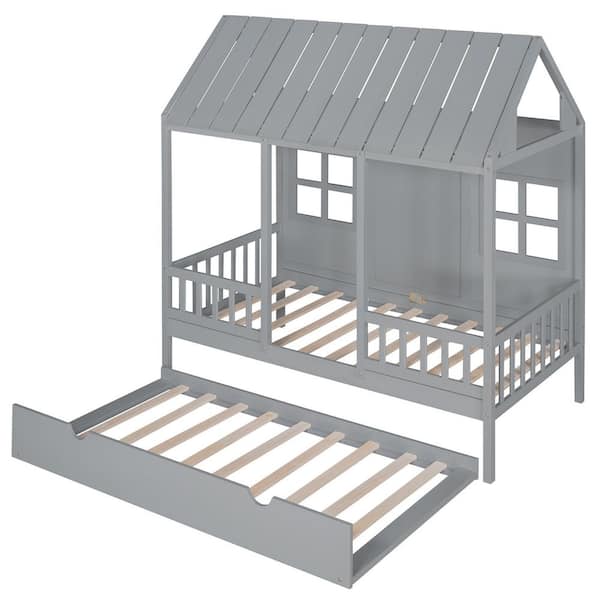 Angel Sar Gray Twin Size Wood House Bed with Twin Size Trundle, Daybed with Roof and Windows