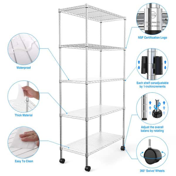 59.72 in. W Black 6-Tier Metal Pantry Organizer, Adjustable Metal Storage Shelves with Wheels