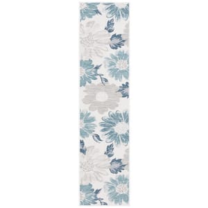Sunrise Ivory/Blue Gray 2 ft. x 8 ft. Oversized Floral Reversible Indoor/Outdoor Runner Rug