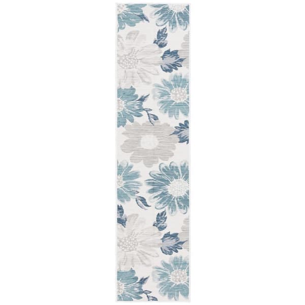 SAFAVIEH Sunrise Ivory/Blue Gray 2 ft. x 8 ft. Oversized Floral Reversible Indoor/Outdoor Runner Rug