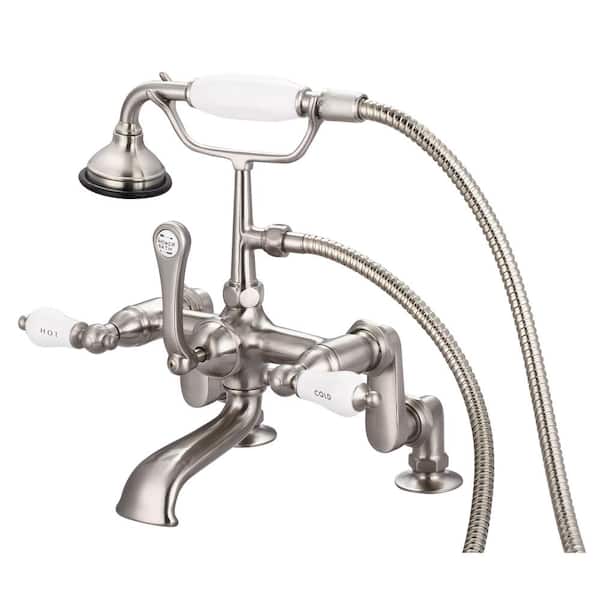 Water Creation 3-Handle Claw Foot Tub Faucet with Labeled Porcelain Lever Handles and Handshower in Brushed Nickel