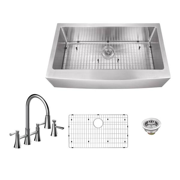 Schon All-in-One Farmhouse Apron Front 16-Gauge Stainless Steel 36 in. 0-Hole Single Bowl Kitchen Sink with Bridge Faucet