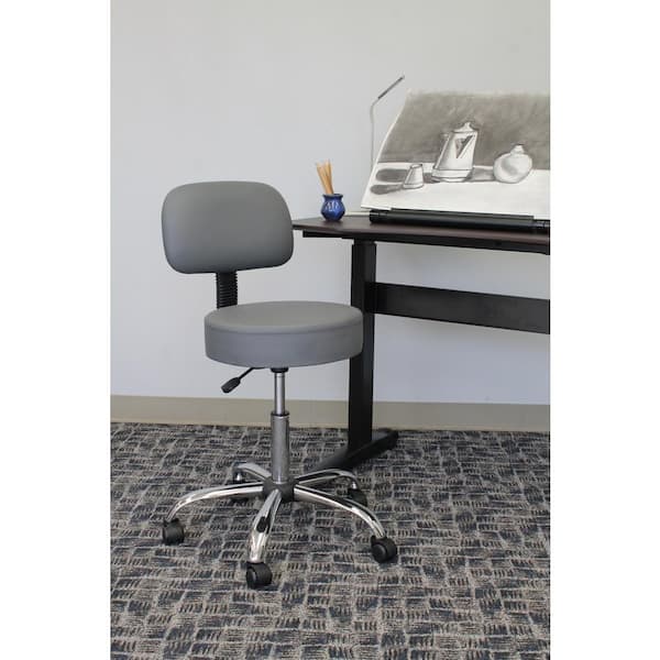 Gray Vinyl Task Stool with Back Rest, Chrome Base and Seat Height Adjustment