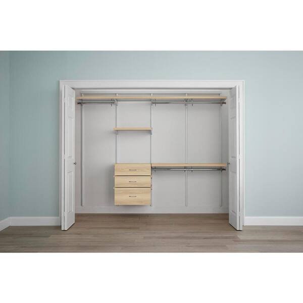 Everbilt Genevieve 8 ft. Birch Adjustable Closet Organizer Long and 2 Double Hanging Rods with 3 Shelves and 3 Drawers