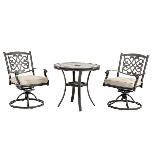 Mondawe Charcoal Gray 3-Pieces Cast Aluminum Round Tile-Top Table Outdoor Dining Set and Backrest Chairs with Beige Cushions