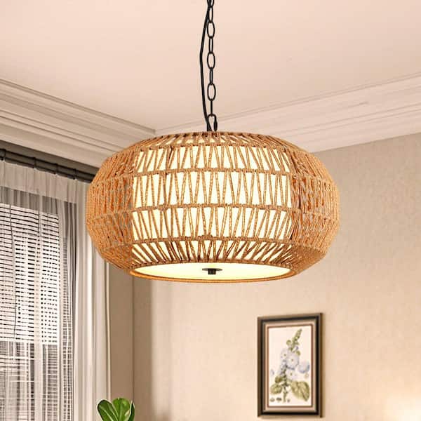 Farmhouse 3-Light Black Chandelier with Yellow Cage Woven Rattan and White Drum Fabric Shade