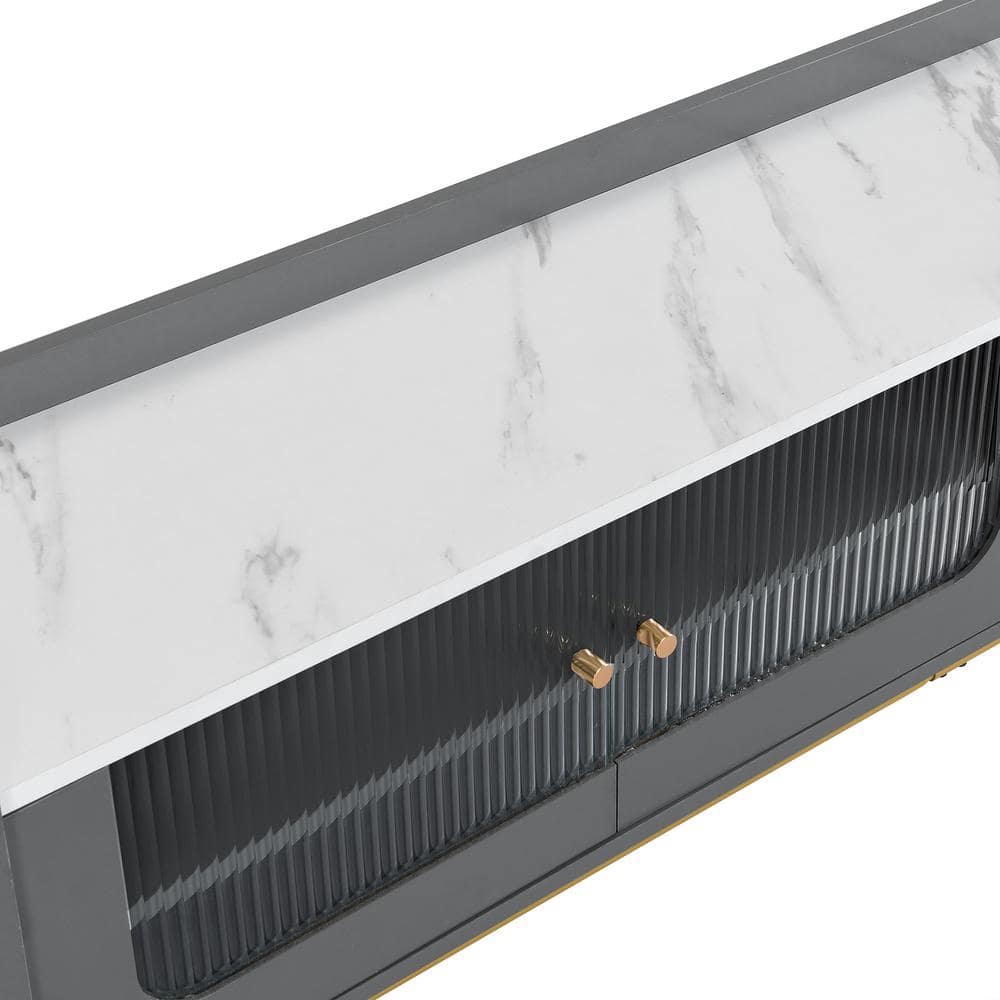 Gray Modern TV Stand with Fluted Glass, Faux Marble Top, and Gold Frame Base