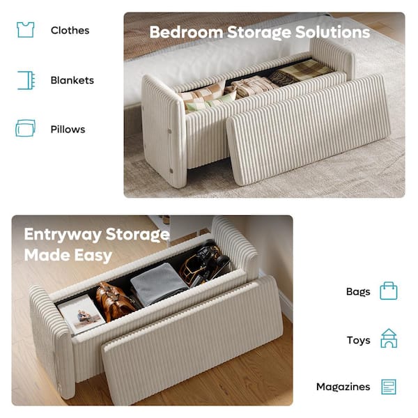 44 in. Velvet Rectangular Striped Ottoman Bench with Storage in Off-White