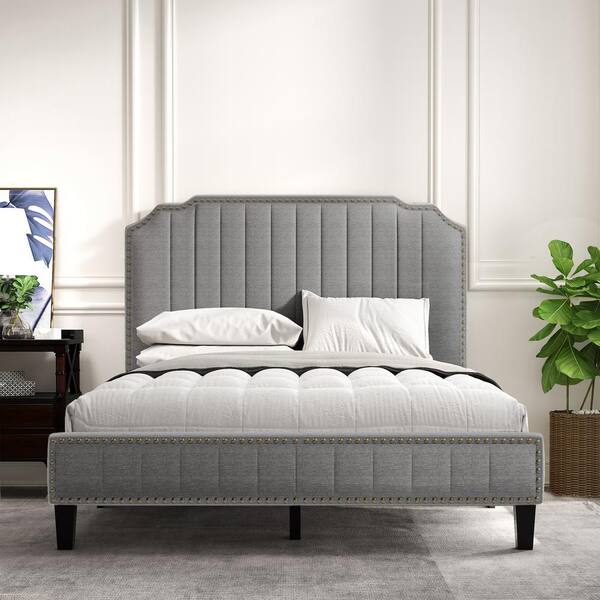 Full Size Platform Bed Frame Upholstered Gray Linen Headboard with Wood Slats 