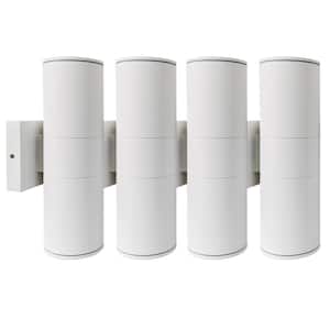 12 in. 2-Light White Cylinder Outdoor Hardwired Wall Lantern Scone with Integrated LED Lights (4-Pack)