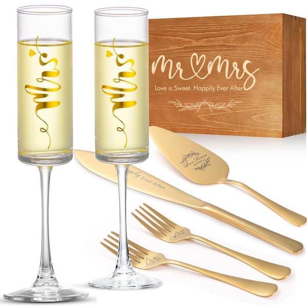 Wedding Cake Knife and Server Set with Mr and Mrs Champagne Flutes in Wooden Gift Box Gold Tone Finish