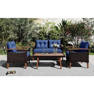 Modern 4-Piece PE Rattan Wicker Wicker Patio Conversation Set with Blue Cushions, Wood Table and Legs
