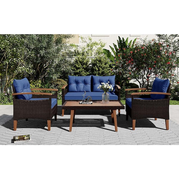 Runesay Modern 4-Piece PE Rattan Wicker Wicker Patio Conversation Set with Blue Cushions, Wood Table and Legs