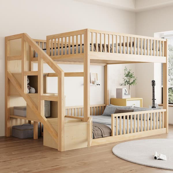 Auren Natural Brown Wood Frame Full over Full Platform Bed Floor Bunk Bed with Storage Staircase & Shelves, Guard Rails