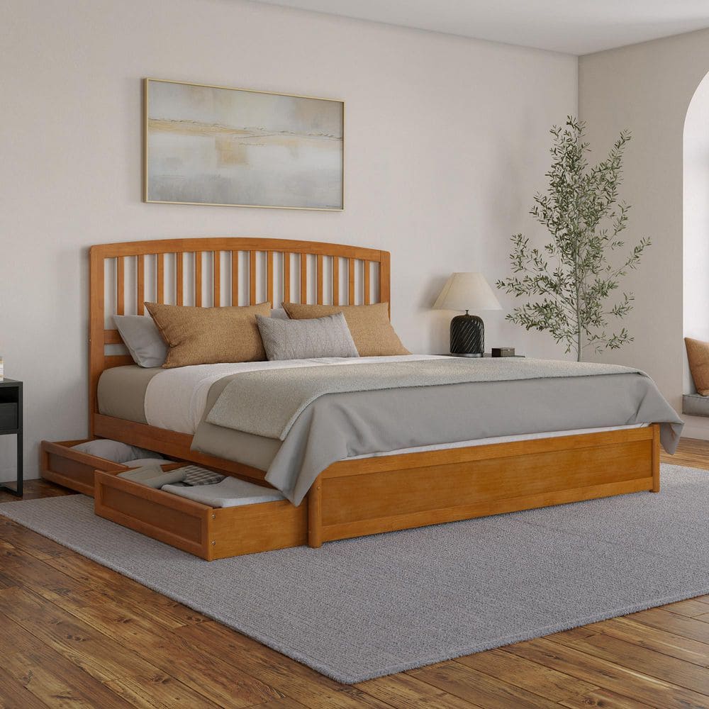 Lucia Light Toffee Natural Bronze Solid Wood Frame King Platform Bed with Panel Footboard Storage Drawers price history on PriceWatchPro