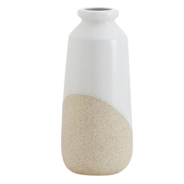 Elements 5.91x5.91x13.39-in White and Tan Ceramic Vase, for Display with Faux or Dried Flowers and Greenery