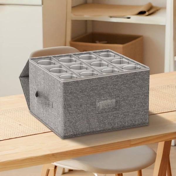 9.6 in. Storage Box with Stackable and Hard Shell for Moving Supplies and Storing 24 Crystal Glasses, Grey (2-Pack)