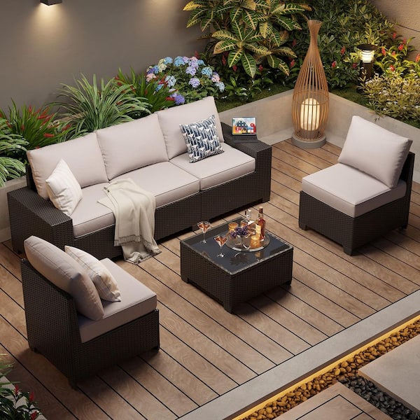 Black 6-Piece Patio Wicker Outdoor Patio Conversation Set with Coffee Table and Gray Cushions