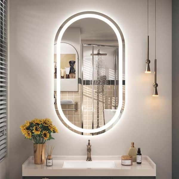 Apmir 20 in. W x 36 in. H Oval Frameless Super Bright 192 LEDs/M Lighted Anti-Fog Tempered Glass Wall Bathroom Vanity Mirror