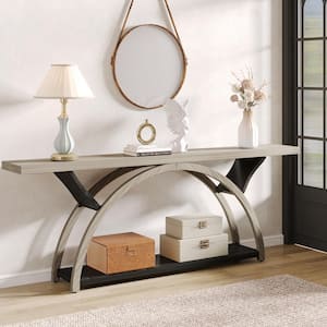 Terrella 70.87 in. W Gray and Black Console Tables, Rectangle Wooden Console Table with Half Moon Frame for Living Room