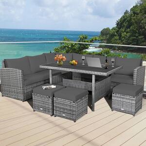 Grey 7-Piece Wicker Wood Outdoor Patio Sectional Sofa Set, Conversation Set with Grey Cushions