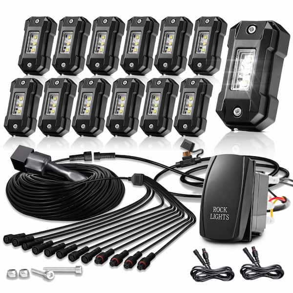 12-Piece Pure White 6000K LED Rock Lights with Tilt Mounts, Rocker Switch Harness and IP68 Waterproof Housing