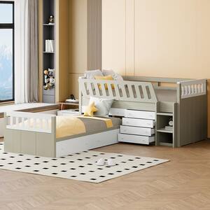 White and Light Brown Space-Saving L-Shaped Twin Size Loft Bed and Twin Size Platform Bed with 7-Drawer, Full Guardrails