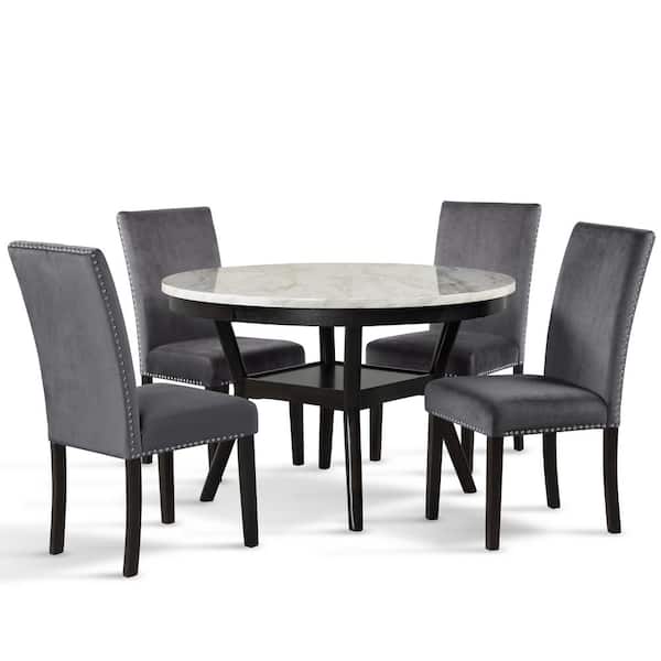 New Classic Furniture Celeste 5-Piece Round Faux Marble Top Dining Set, Espresso/Gray