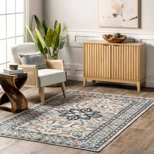 Teshi Floral Medallion Machine Washable Blue 8 ft. x 10 ft. Area Rug