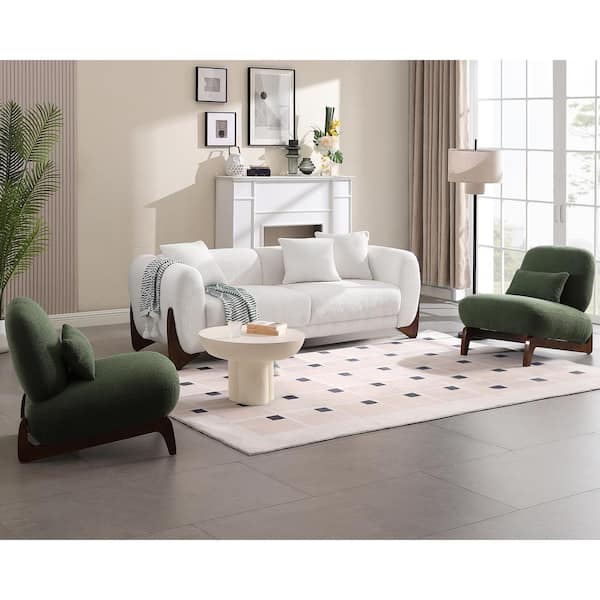 Morden Fort Luxury Cloud Couch 3-Piece White Velvet Sofa and Green Chair Living Room Set for Apartment