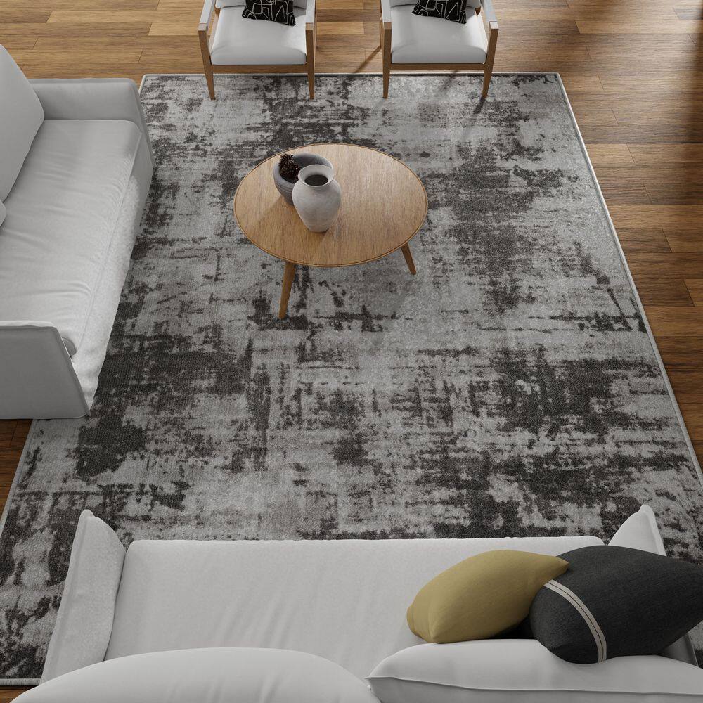 Gray Abstract 9' x 12' Stain-Resistant Synthetic Area Rug