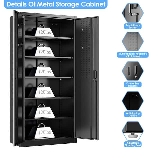 34 in. W x 71 in. H x 18 in. D Black Lockable Metal Storage Freestanding Cabinet with 5-Shelve, Pegboard and 4-Hook