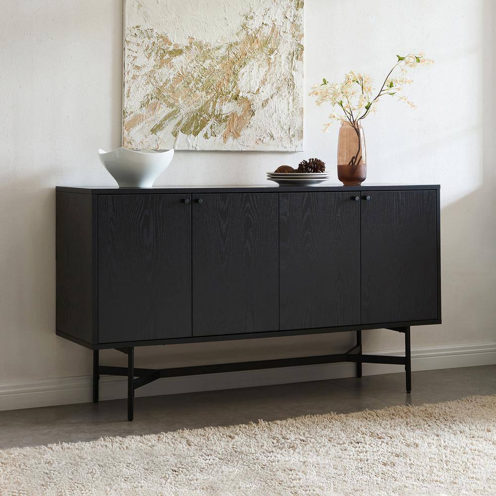 Black wood grain buffet table in a room setting.