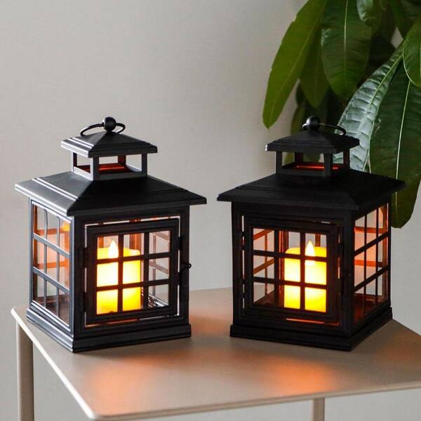 8 in. x 5.5 in. Black Metal Vintage Lantern without Candle (2-Pack