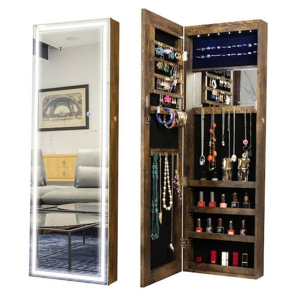 Antique Gray MDF Fashion Simple Jewelry Storage Mirror Cabinet With LED Lights Can Be Hung On The Door Or Wall