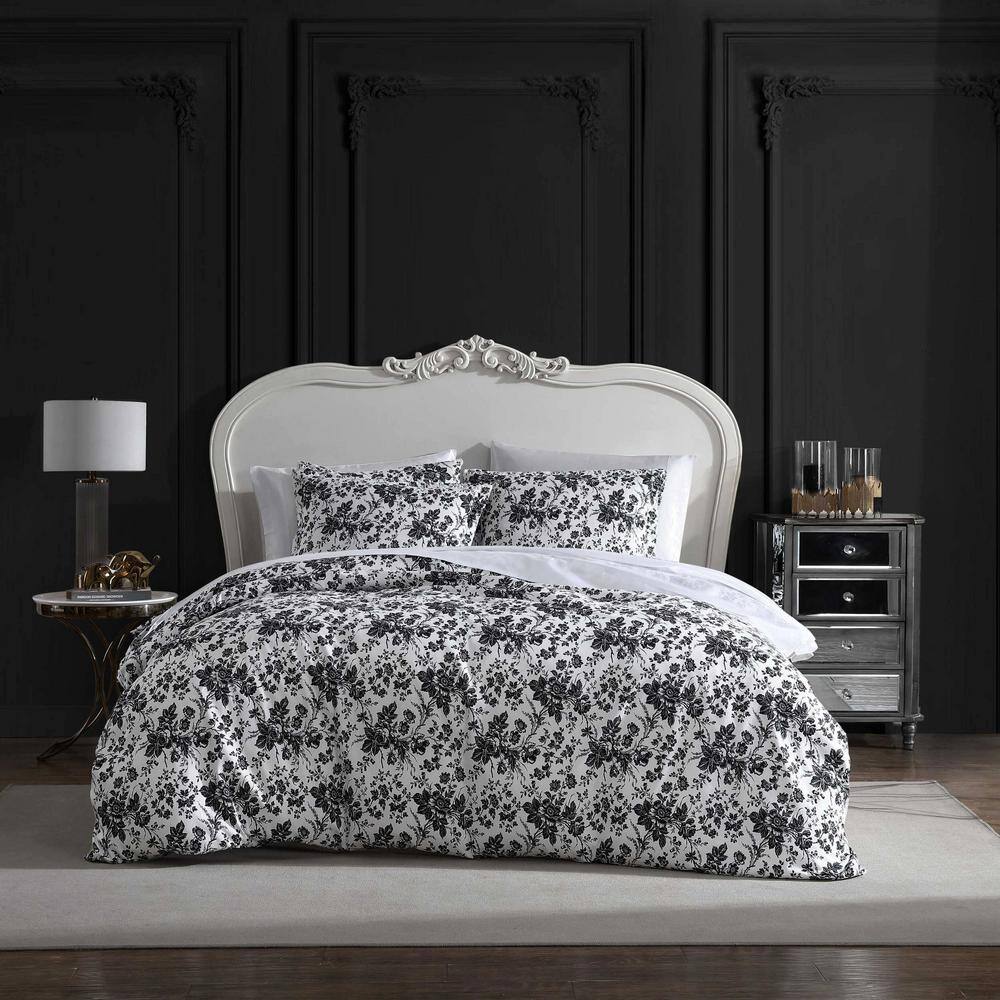 King Black and White Floral Polyester Duvet Cover Set