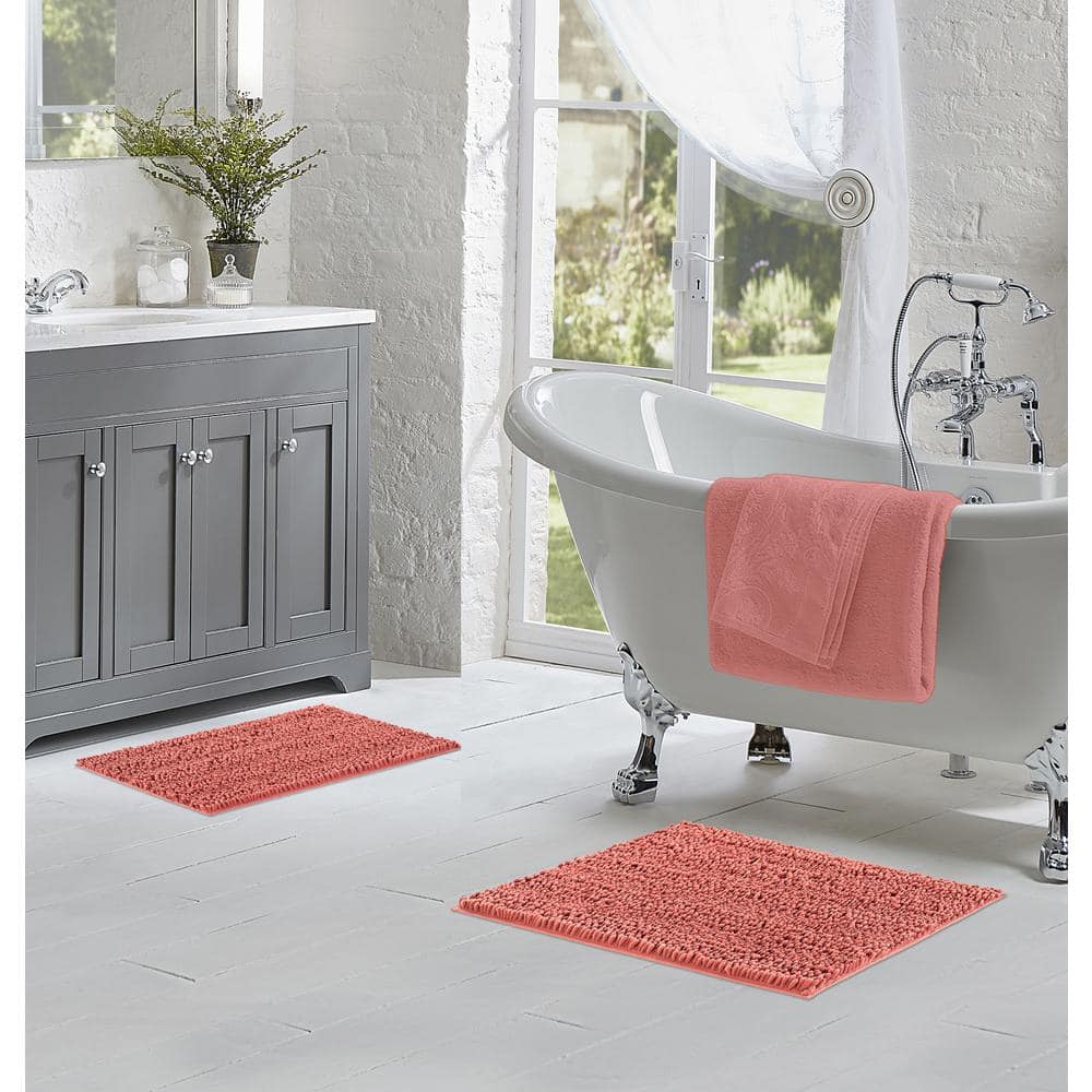 Coral Chenille Non-Slip Polyester Bath Mat Set