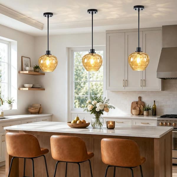 RayHome 1-Light Modern Black Adjustable Height Pendant Light with Amber Apple-Shaped Hammered Glass for Kitchen Island