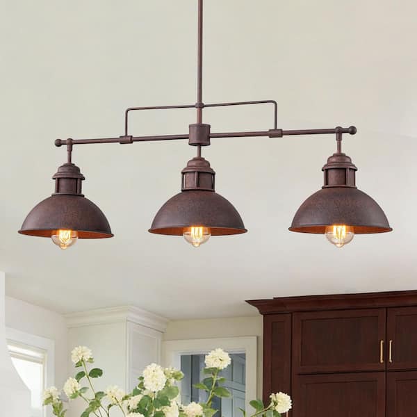 Potlid 3-Light 35.4 in. W Distressed Antique Rust Linear Pendant Light Chandelier for Dining Table and Kitchen Island