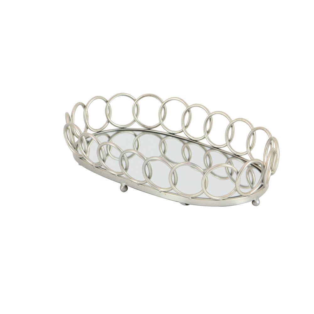 Elegant Silver Mirrored Oval Tray Set, 22" & 18"W with Geometric Pattern