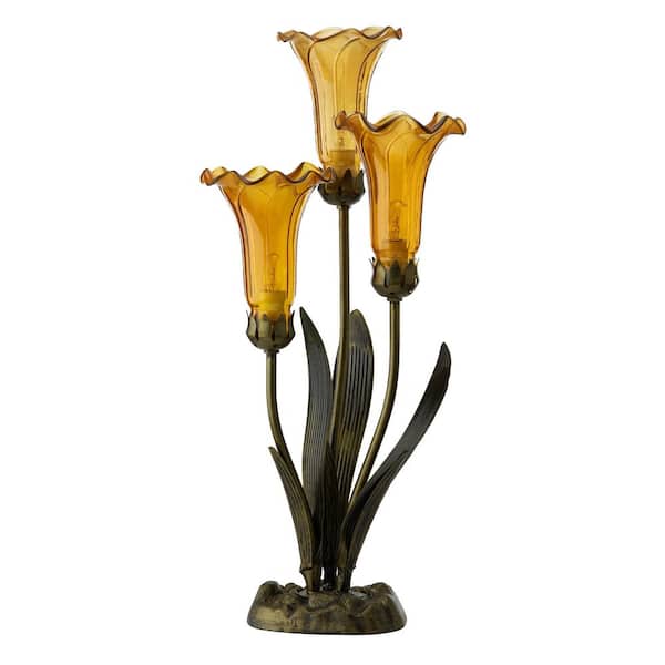 River of Goods Flora 21.5 in. Brushed Bronze Metal Table Lamp with Amber Glass Bell Shades