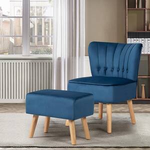 Blue Leisure Chair and Ottoman Thick Padded Button Tufted Sofa Set with Wood Legs