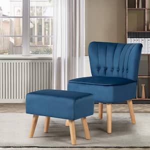 Blue Leisure Chair and Ottoman Thick Padded Button Tufted Sofa Set with Wood Legs