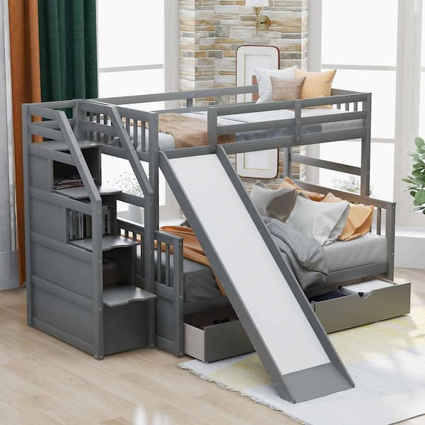 Gray Twin over Full Bunk Bed with Drawers, Storage and Slide, Multifunction